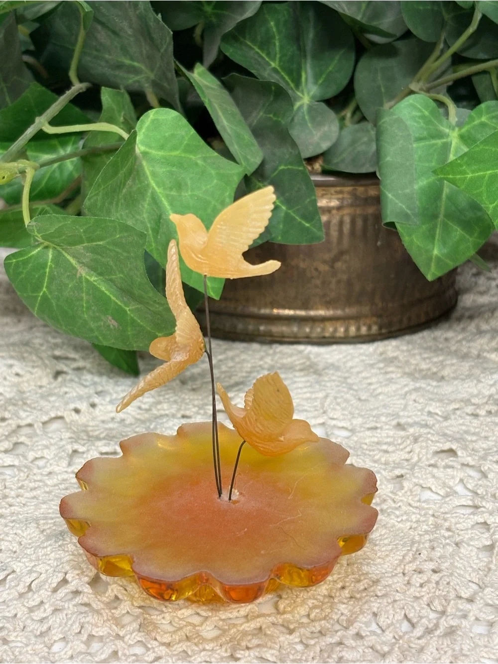Amber Yellow Glass Bird Figurine Frosted Flower Base 3D Effect